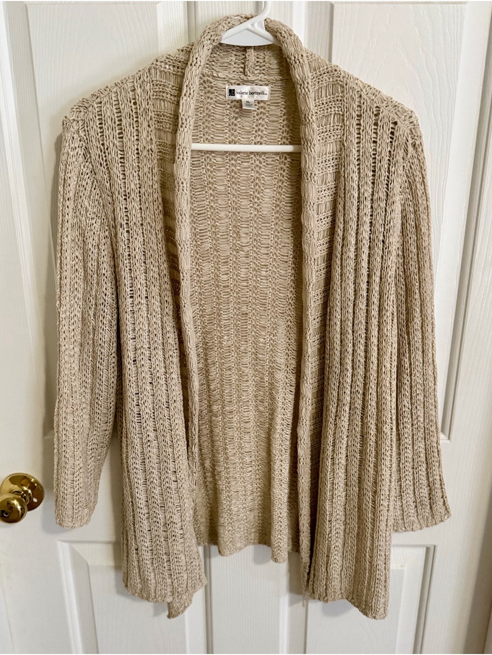 Valerie Bertinelli Beige & Gold Open-Front Knit Cardigan Sweater - Women's